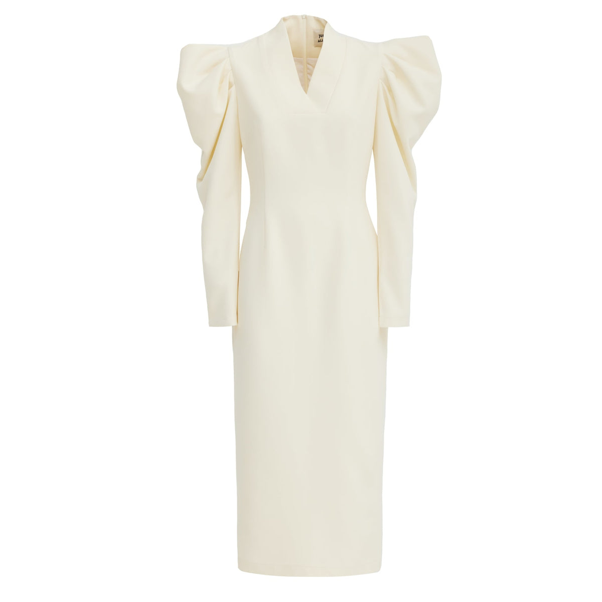 The JULIA ALLERT Crepe Midi Dress With Statement Sleeves - Ivory features dramatic puffed shoulders, long sleeves, and a V-neckline. Displayed on a white background.