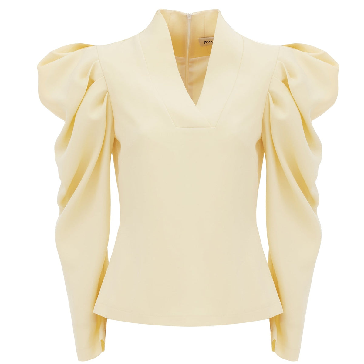 The Sculpted V-Neck Blouse with Dramatic Sleeves by JULIA ALLERT comes in pale yellow and features statement puffed shoulders, a fitted waist, long sleeves, and is crafted from structured suiting fabric for an elegant tailored look.