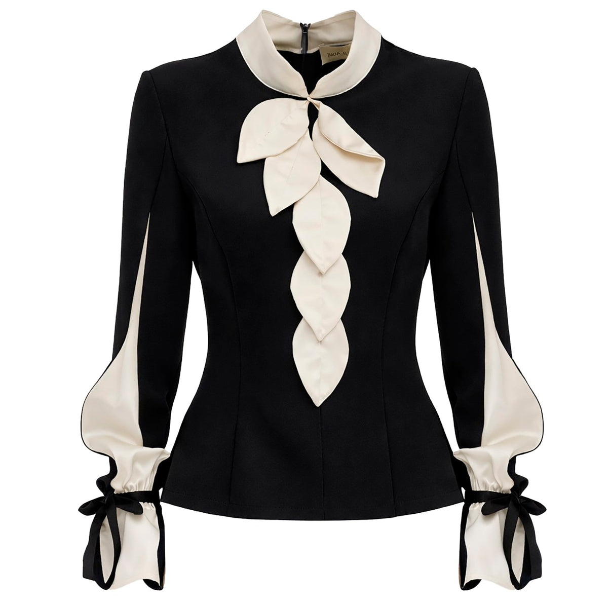 The JULIA ALLERT Elegant Fitted Blouse - Black features a tailored cut, long sleeves, cream leaf-shaped accents down the front, and matching cream cuffs tied with black ribbons, crafted from luxury suiting fabric.