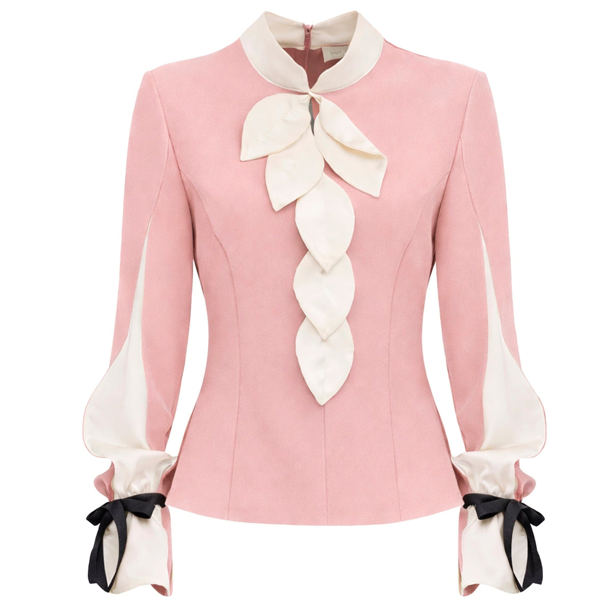 The Elegant Fitted Blouse - Pale Pink by JULIA ALLERT features long sleeves, white leaf-shaped accents, black ribbon bows at the wrists, a high collar, and is crafted from luxury suiting fabric for a feminine, vintage-inspired look.