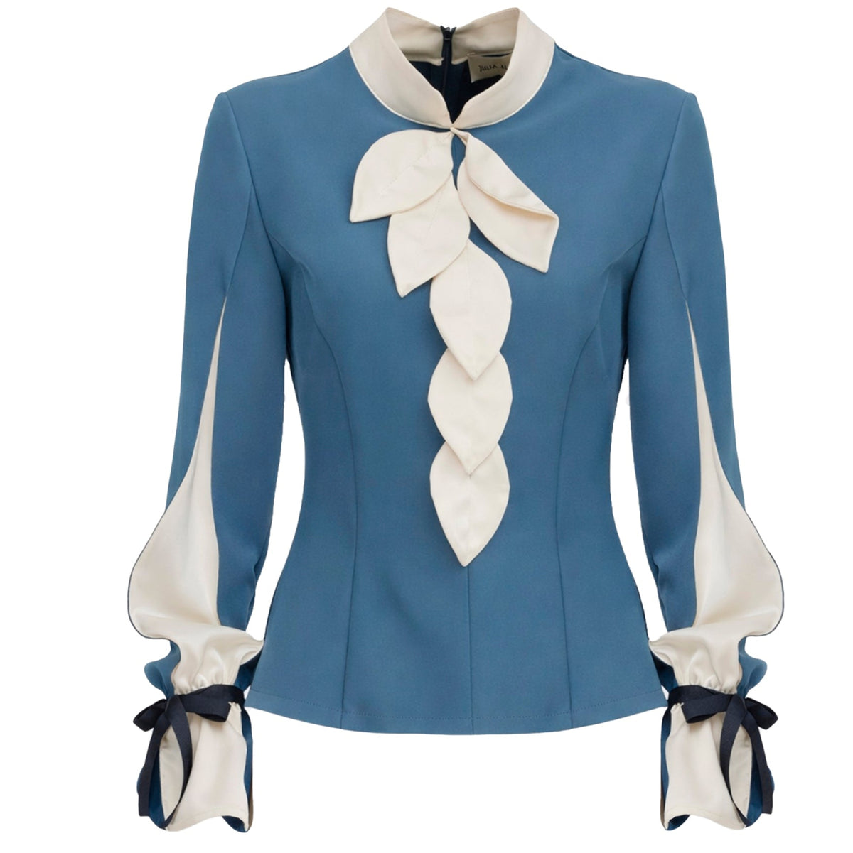 Blue blouse with white collar and cuffs on a white background