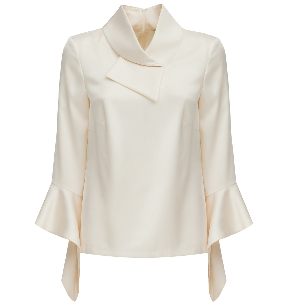 The JULIA ALLERT Asymmetric Collar Satin Blouse in ivory features a high asymmetrical collar, flared cuffs, and a relaxed fit. Made from smooth, slightly shiny double-faced satin for an elegant look.