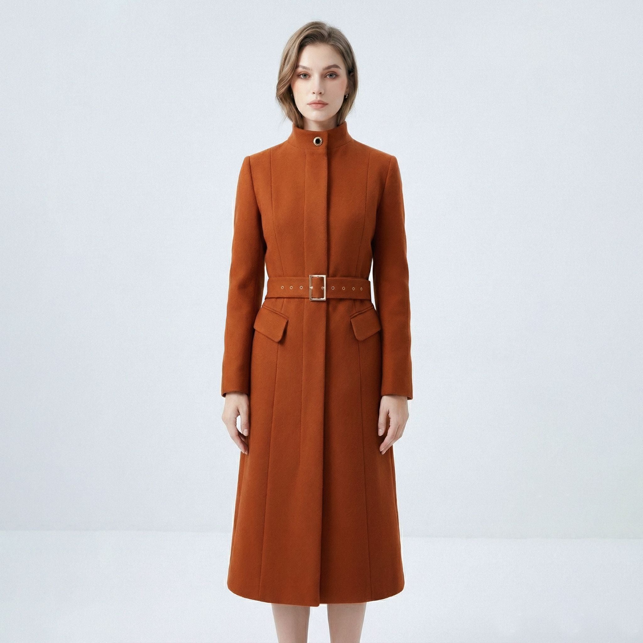 Brown coat with a belt on a white background