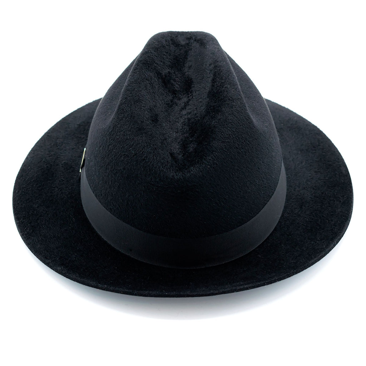 Black fedora hat with a wide brim on a white background