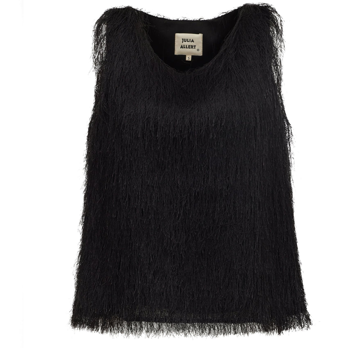 The Fringe Sleeveless Top - Black by JULIA ALLERT features a striking pile fabric with playful fringe details, round neckline, straight hem, and a shaggy finish—perfect for standout style.
