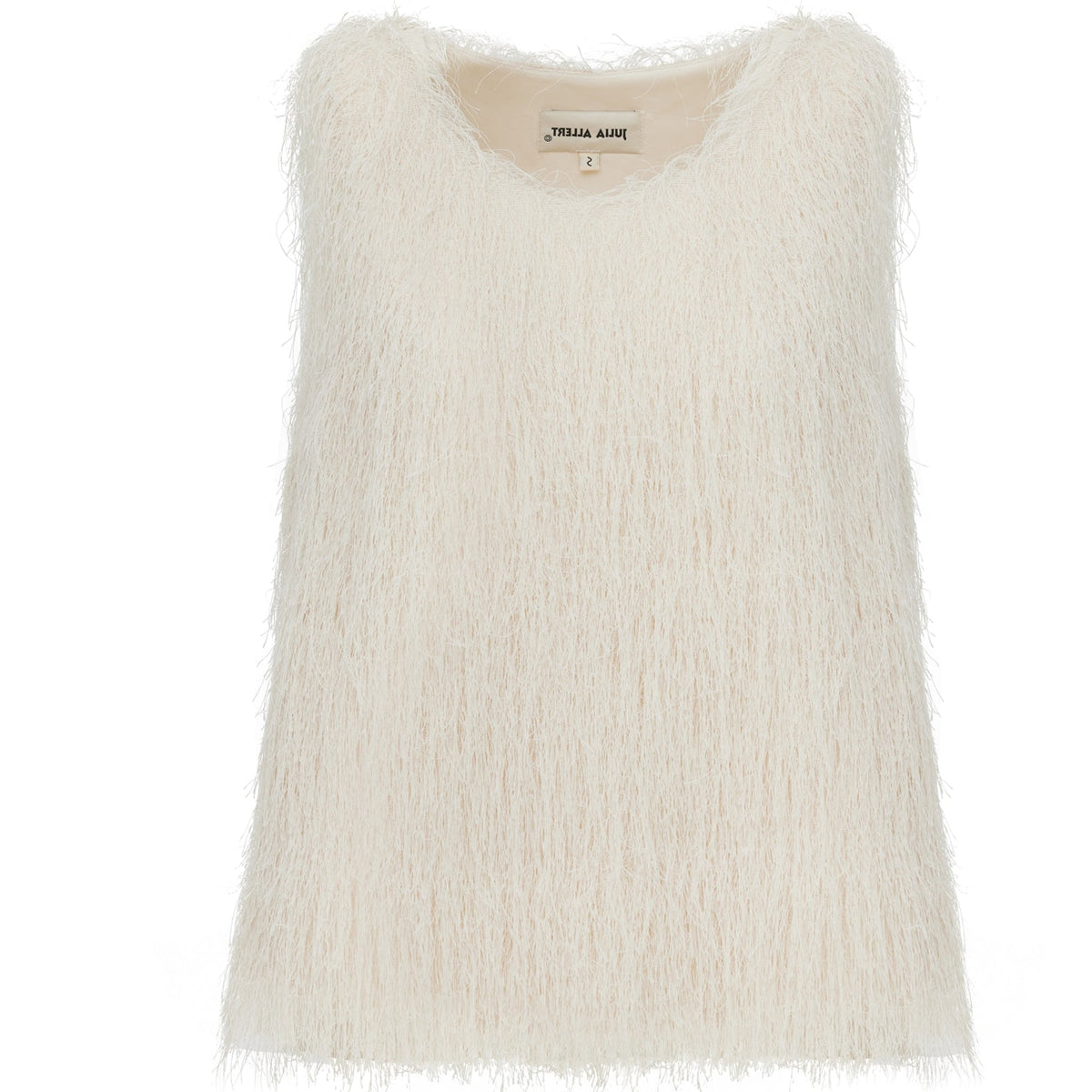 The Fringe Sleeveless Top - Ivory by JULIA ALLERT features a shaggy, textured pile fabric and round neckline, shown sleeveless in off-white against a plain white background.