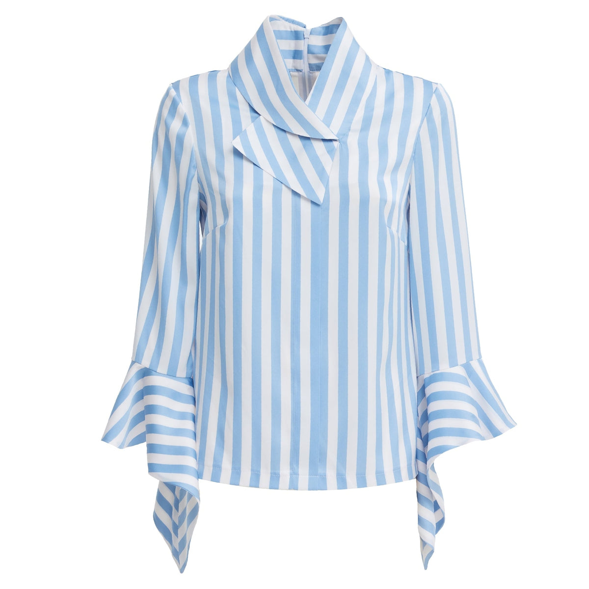 Blue and white striped shirt with a collar on a white background