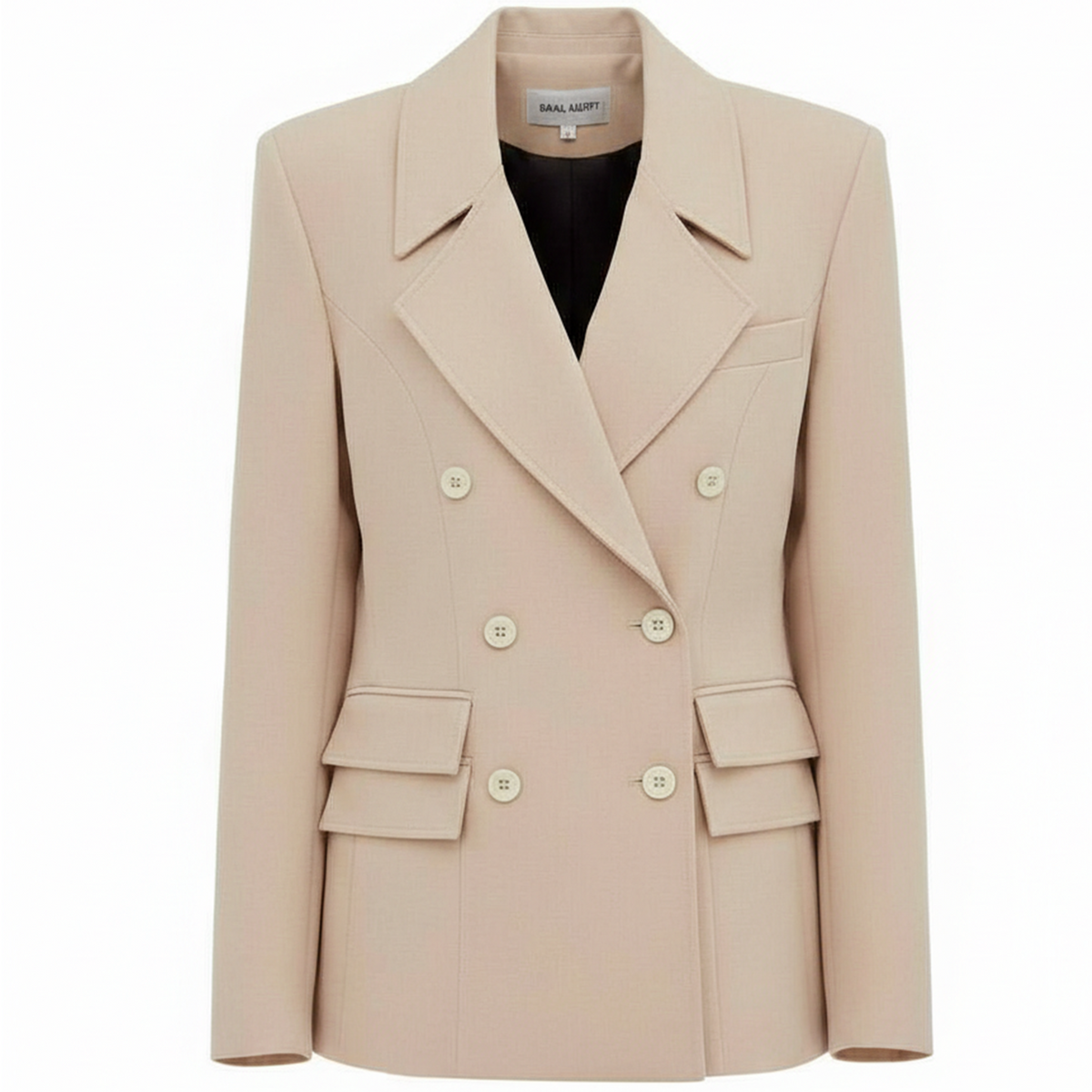The Classic Tailored Double-Breasted Blazer in beige by JULIA ALLERT features six buttons, notched lapels, side flap pockets, and a structured fit.