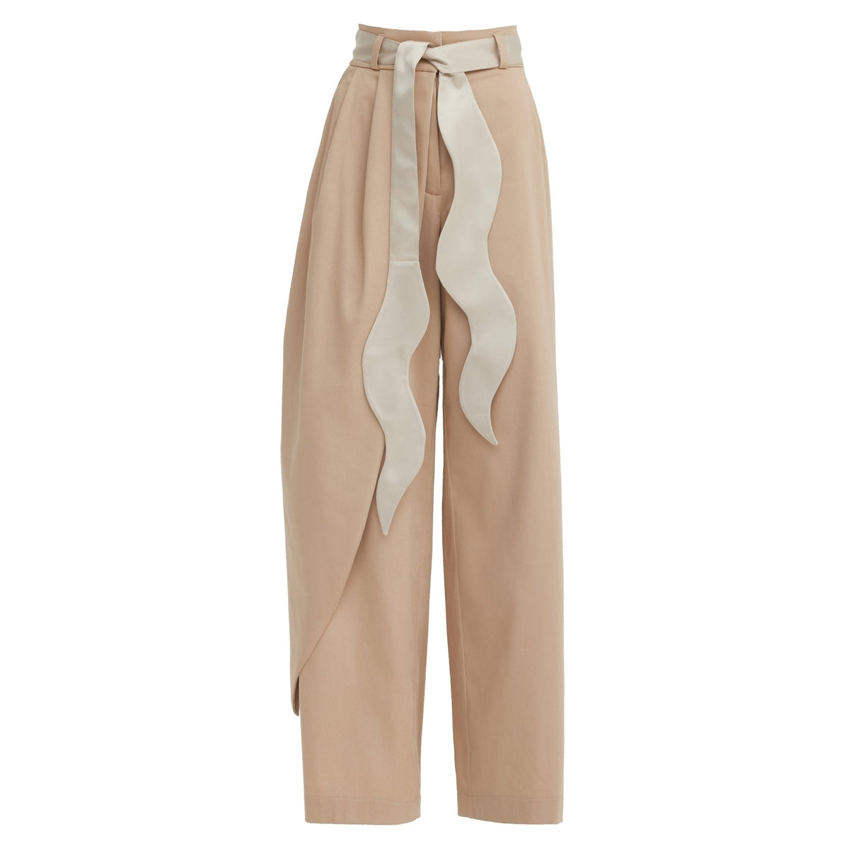 Beige pants with a decorative white ribbon on a white background