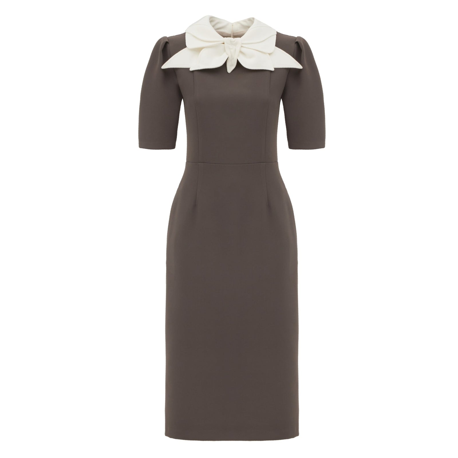 Elegant Midi Dress With Contrast Bow Collar - Taupe