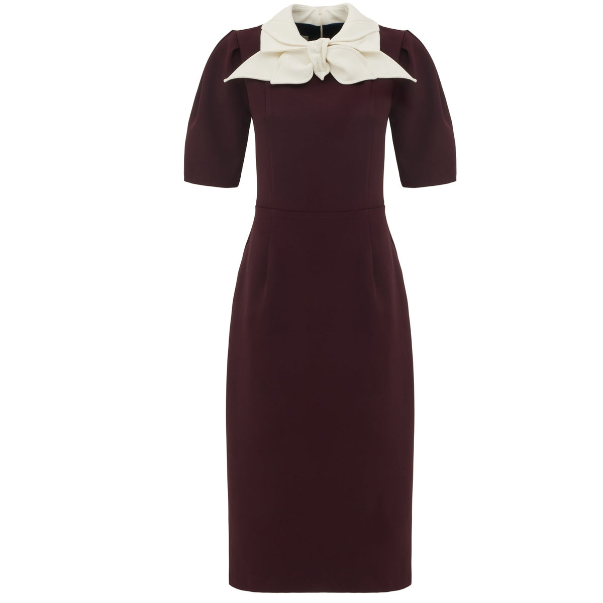The Elegant Midi Dress With Contrast Bow Collar - Burgundy by JULIA ALLERT features a knee-length, fitted silhouette with short sleeves and a striking contrasting bow collar for an elegant look.