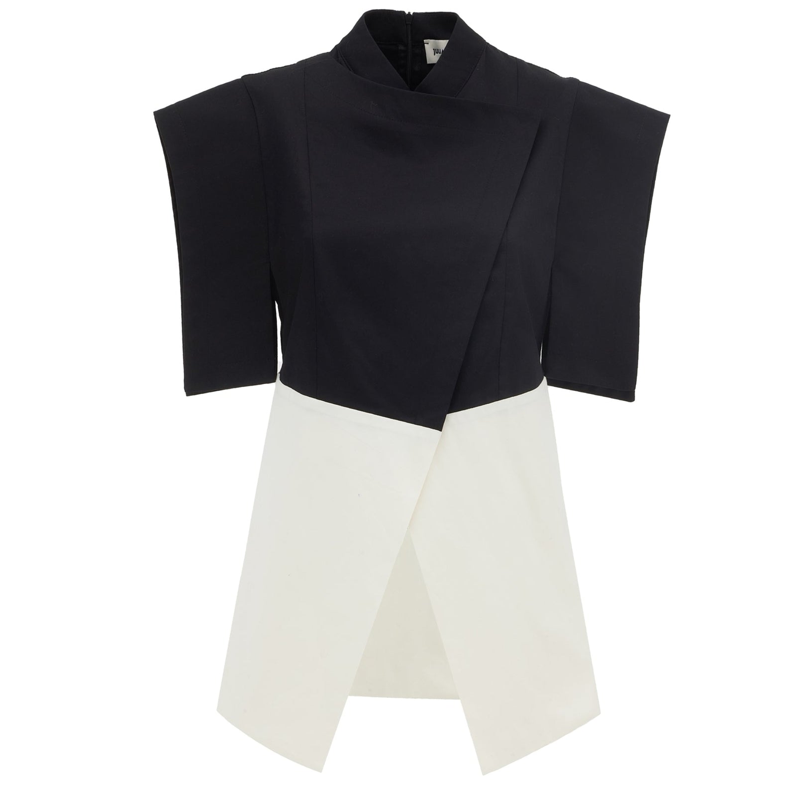 The Asymmetric Colour Block Top - Black & White by JULIA ALLERT is a modern, sculptural piece with a black upper and white asymmetrical wrap-style lower section for standout style.