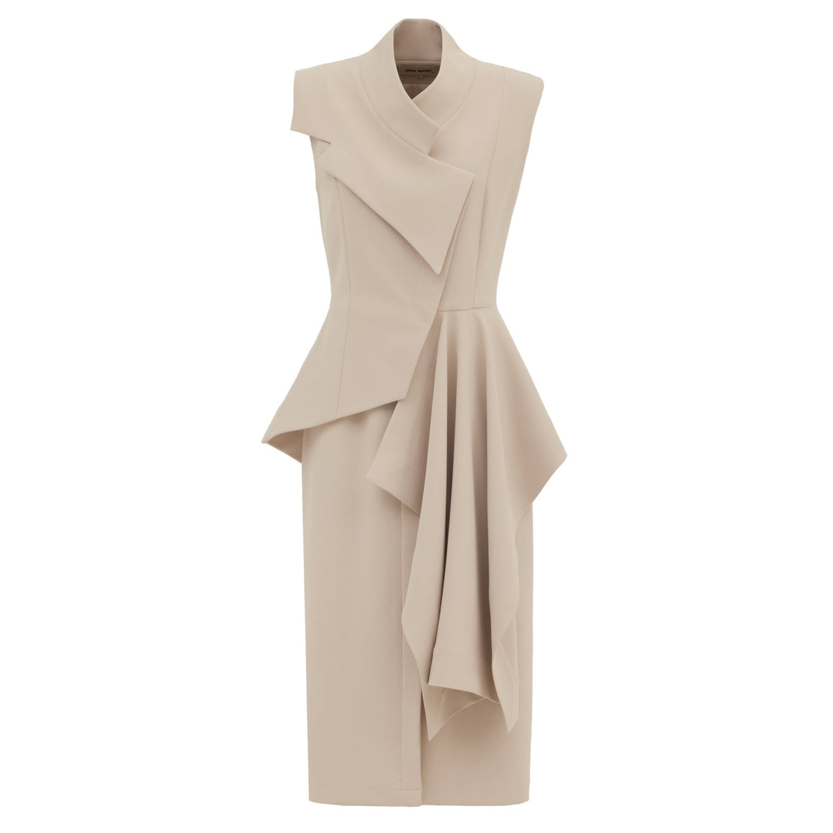 The Architectural Draped Midi Dress in beige by JULIA ALLERT features a sleeveless, asymmetrical design with a high collar, layered bodice panels, and draped fabric for a modern, structured silhouette.
