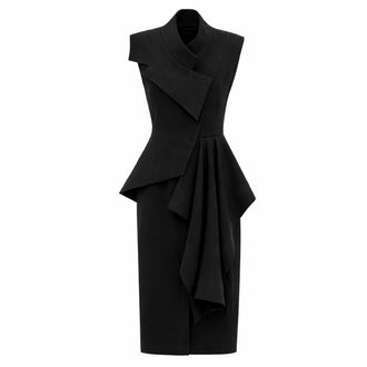 The JULIA ALLERT Architectural Draped Midi Dress in black showcases an asymmetric neckline, sleeveless style, sculptural draped layers, and a structured bodice, creating a modern silhouette with a below-the-knee hem for refined elegance.
