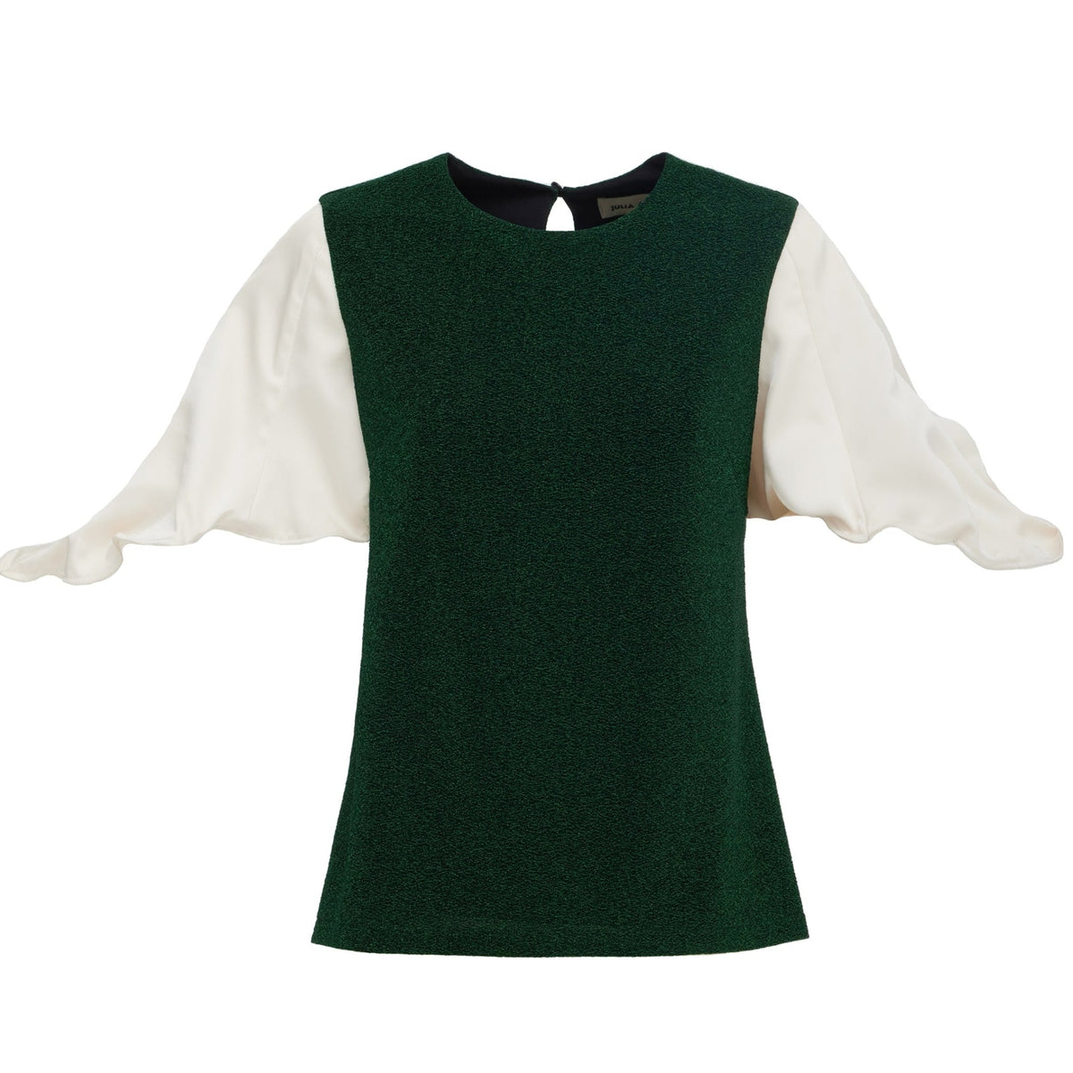 The Green Lurex Knit Top With Adjustable Satin Sleeves by JULIA ALLERT features textured fabric, adjustable contrasting white satin sleeves, a round neckline, and a back button closure.