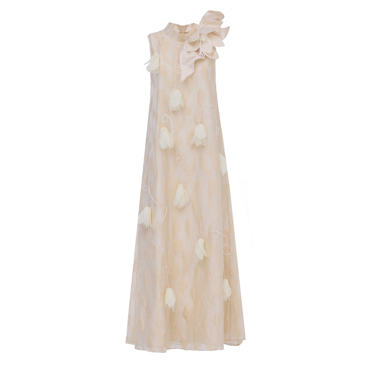 The Ivory A-Line Flower Maxi Dress - Couture Gown by JULIA ALLERT features a sleeveless, floor-length design with 3D white flower appliqués and a statement fabric flower on one shoulder for an ethereal look.