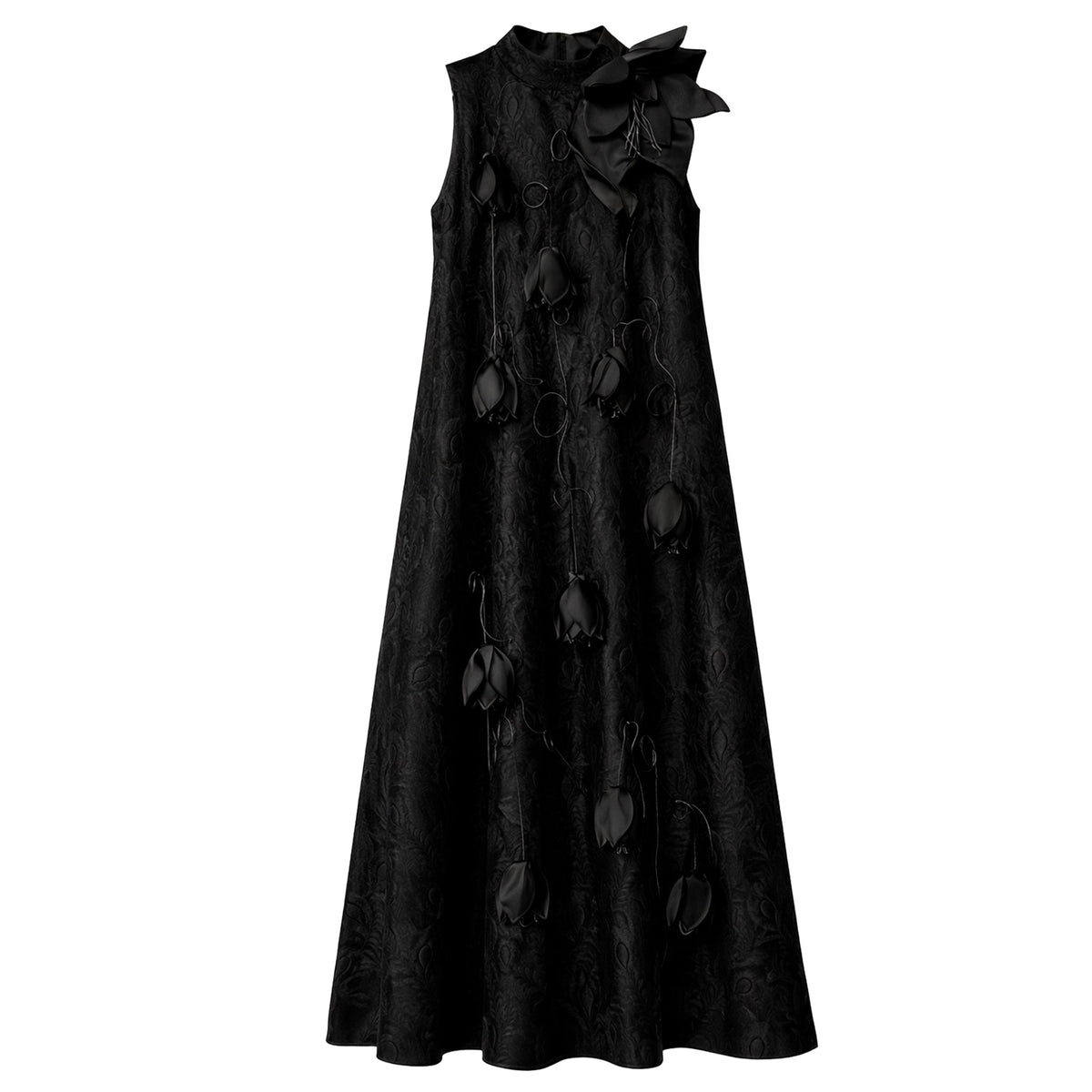 The JULIA ALLERT Black A-Line Flower Maxi Dress is a sleeveless floor-length couture gown with a high neckline, one-shoulder bow, floral appliqués, and subtly textured fabric inspired by Julia Allert’s signature style.