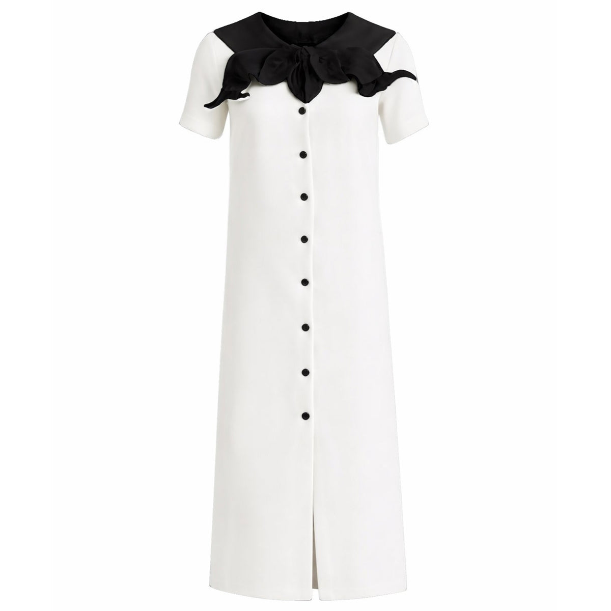 The JULIA ALLERT Straight Midi Shirt Dress With Adjustable Collar in white features short sleeves, black buttons, a large black bow at the collar, and black shoulder panels for a chic contrast.