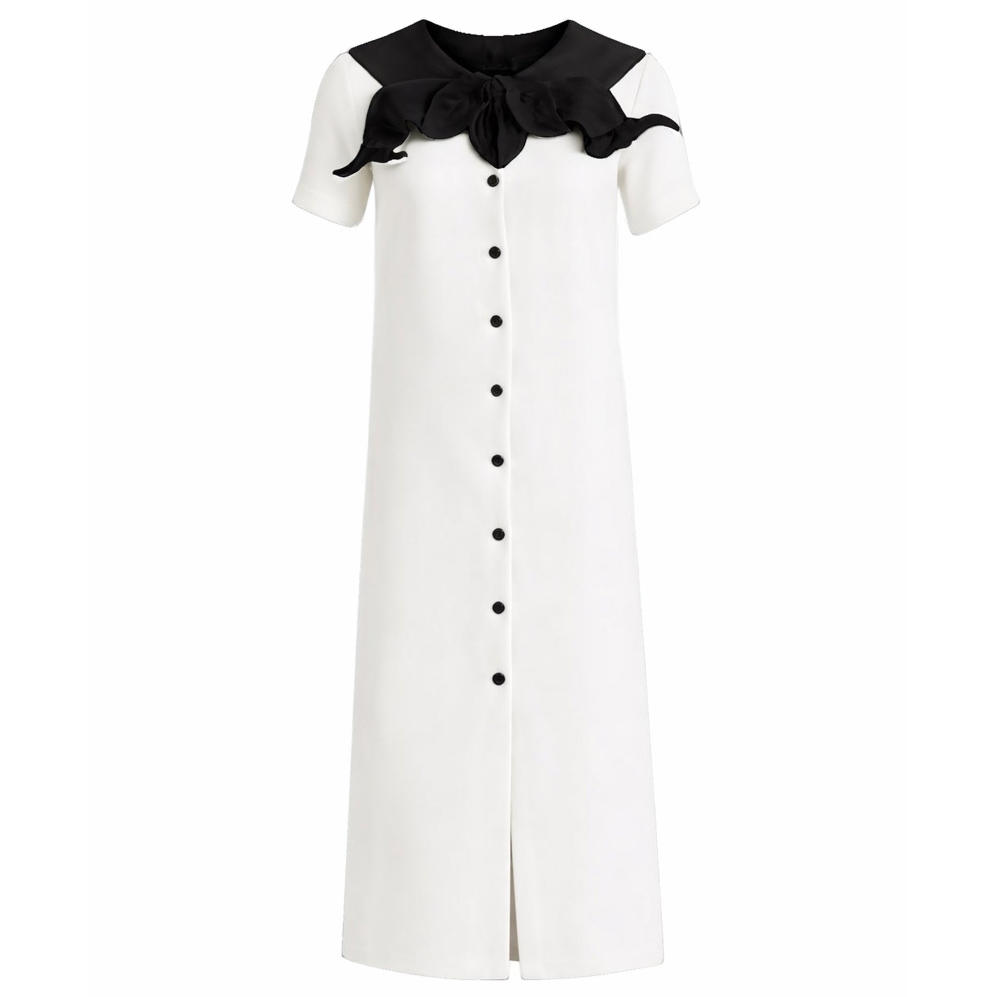 Straight Midi Shirt Dress With Adjustable Collar – White