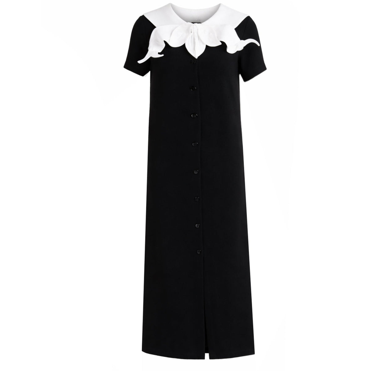 The Straight Midi Shirt Dress With Adjustable Collar - Black by JULIA ALLERT features short sleeves, front buttons, and a large white scalloped adjustable collar with a bow at the neck.