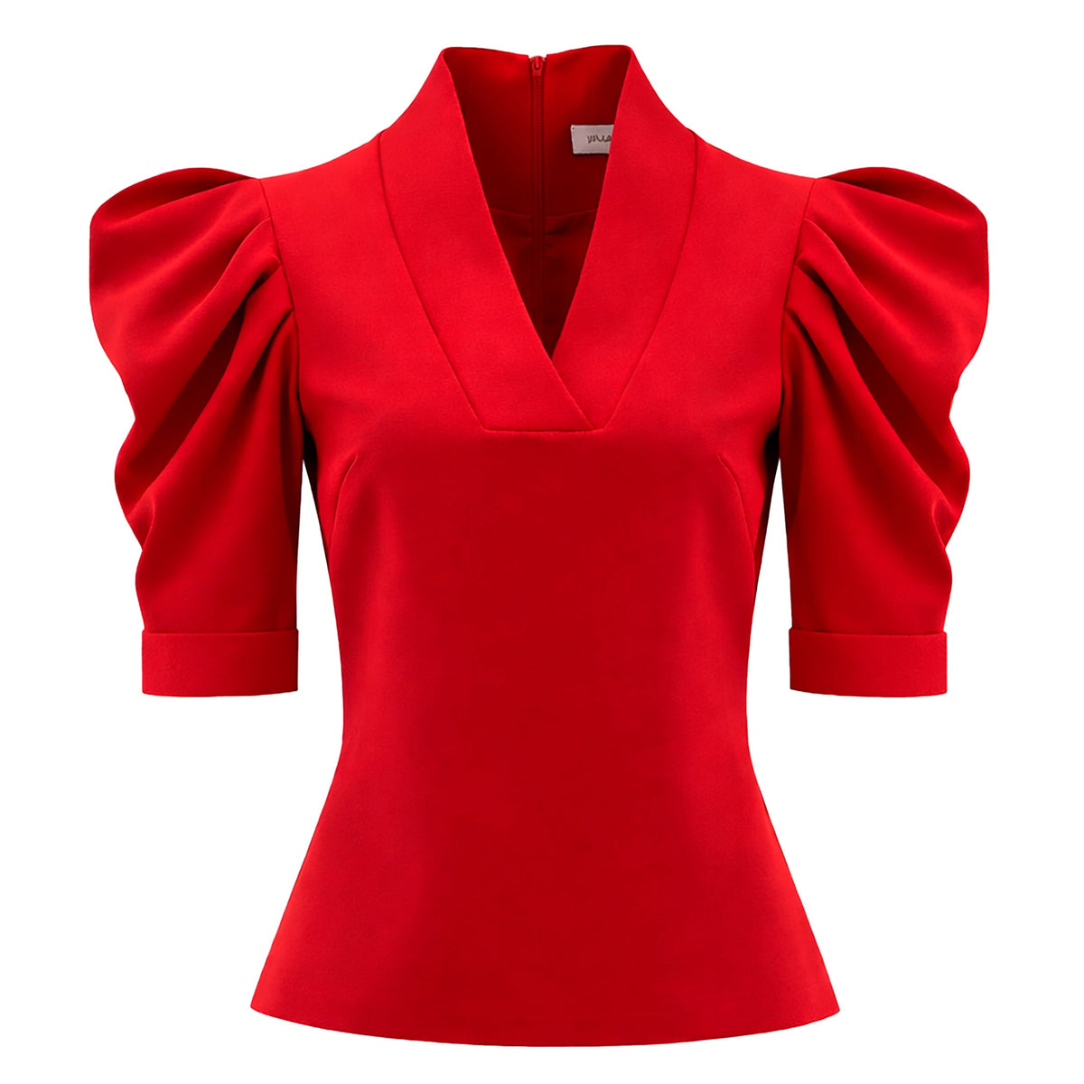 The JULIA ALLERT V-Neck Puff Sleeve Top in red features short puff sleeves, a fitted waist, wide collar, structured details, a back zipper, and an elegant tailored silhouette.