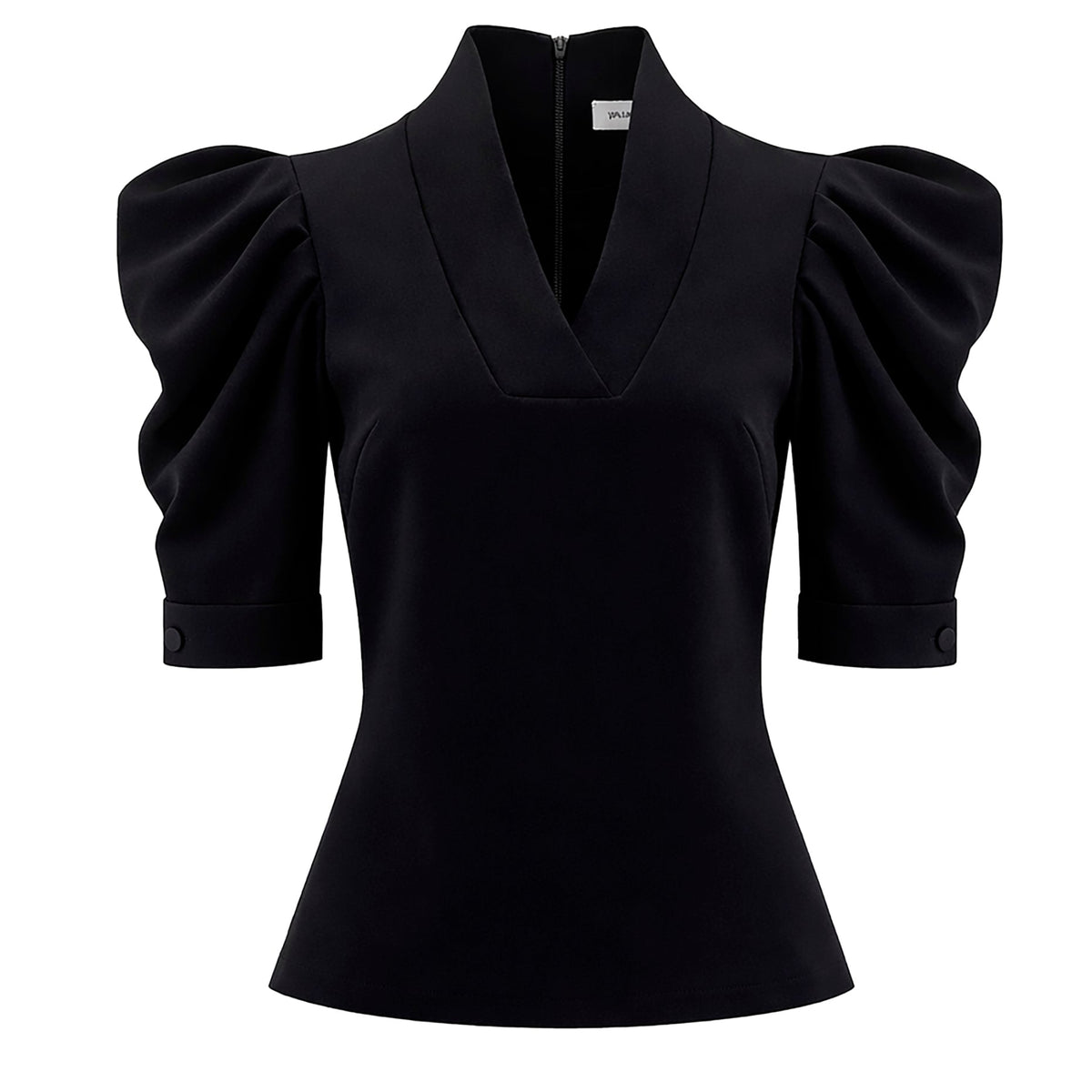 The JULIA ALLERT V-Neck Puff Sleeve Top - Black features puffed half sleeves, buttoned cuffs, a fitted waist, and a stylish tailored design in smooth fabric.