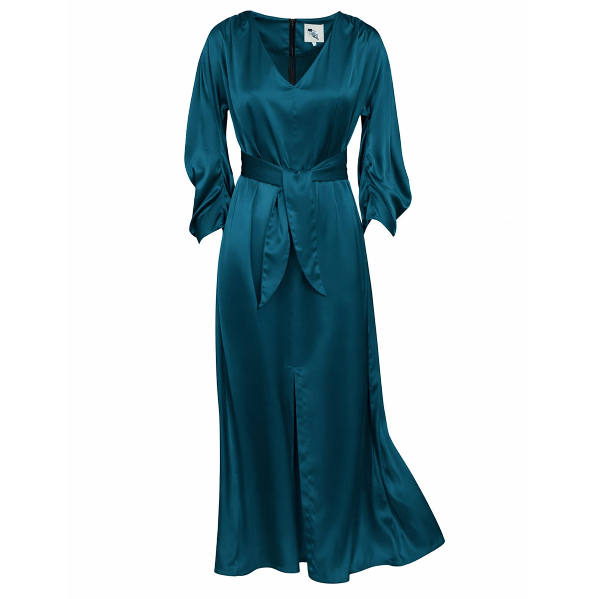 Teal evening gown with a belt on a white background