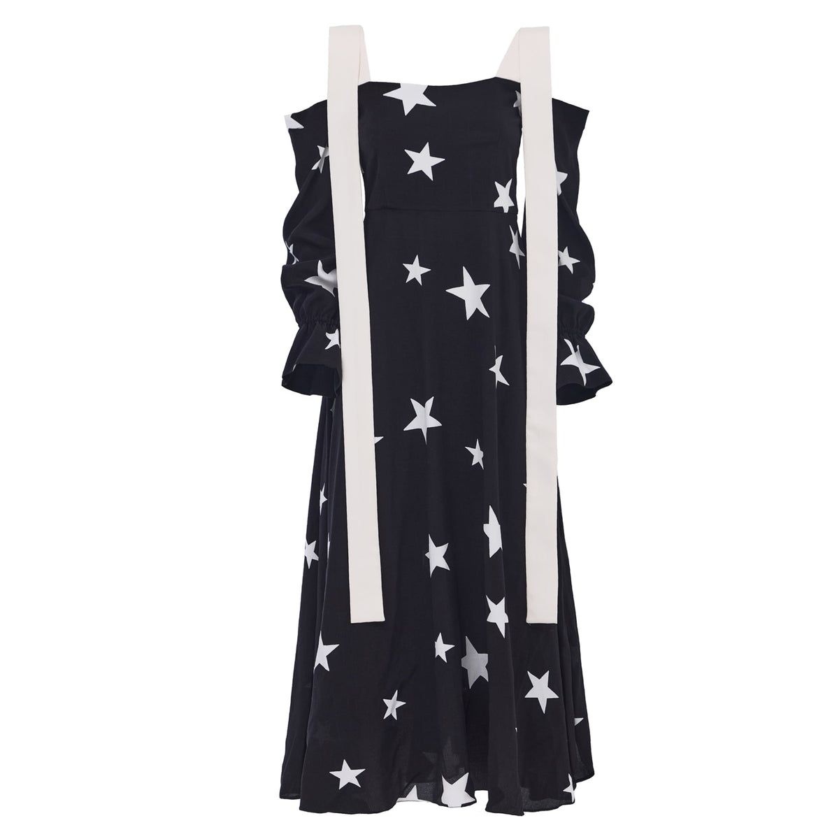 The JULIA ALLERT Off-Shoulder Midi Dress With Contrast Straps in black star print features wide off-white straps and long sleeves, creating an elegant, flowing silhouette perfect for any occasion.