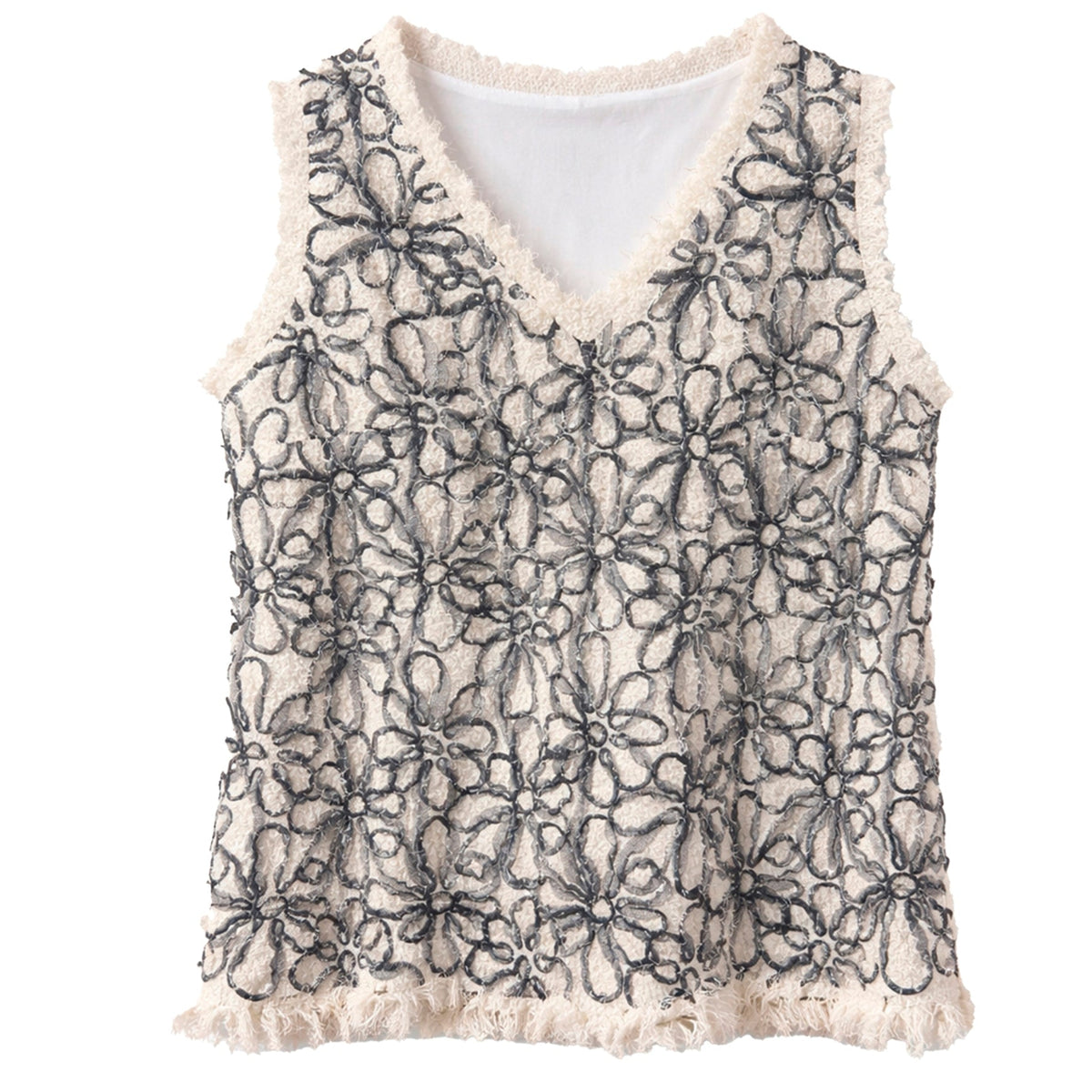 The JULIA ALLERT Sleeveless Abstract Textured Top - Ivory features a V-neck with dark gray floral lace overlay and frayed edges for a unique, modern style.