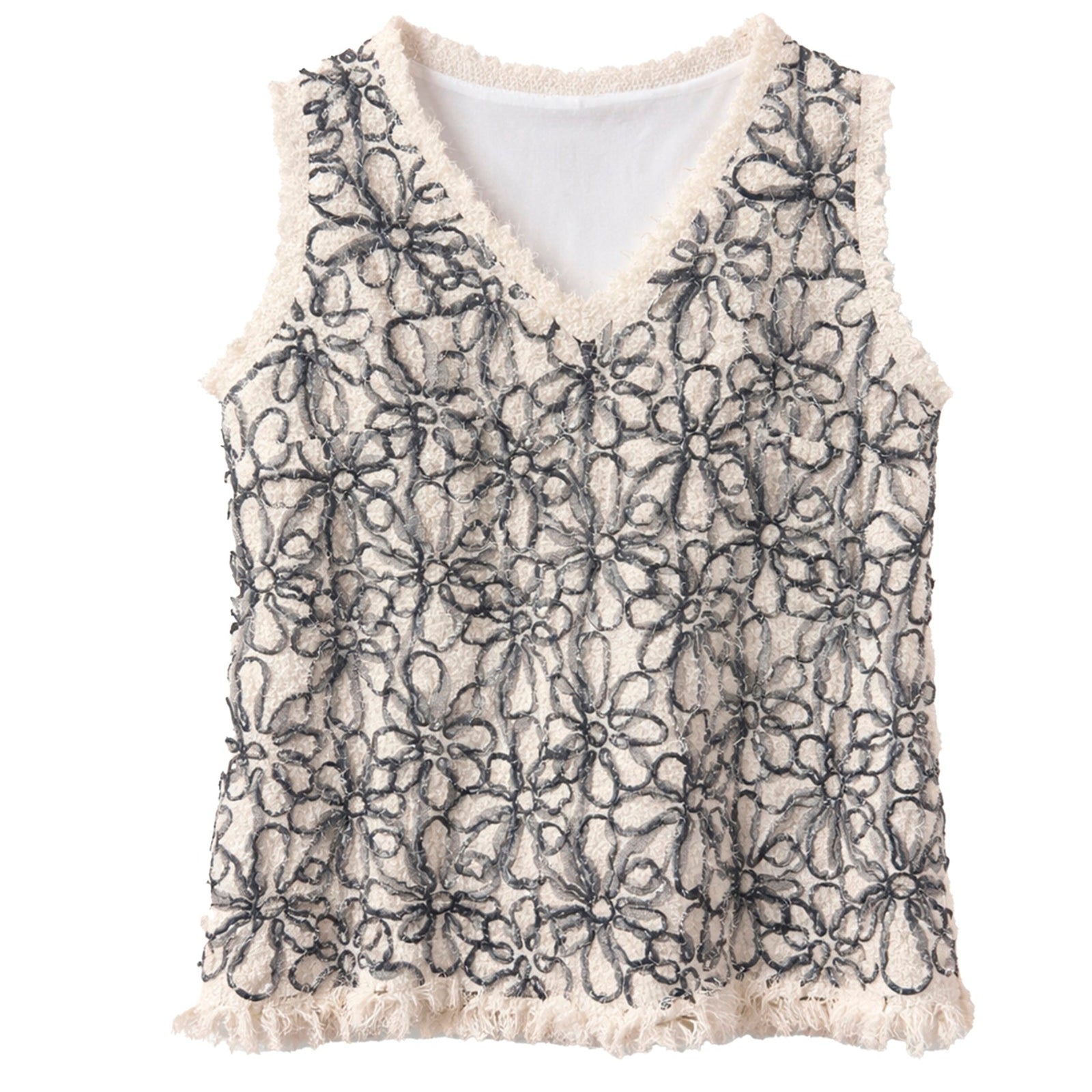 The JULIA ALLERT Sleeveless Abstract Textured Top - Ivory features a V-neck with dark gray floral lace overlay and frayed edges for a unique, modern style.