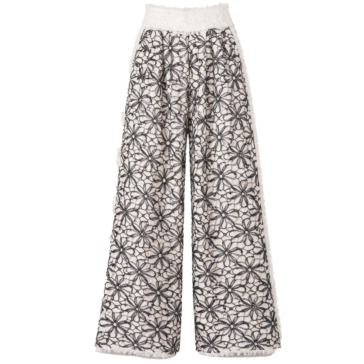 Elastic Waist Abstract Textured Wide Pants - Ivory by JULIA ALLERT feature a white base with black floral lace, an elastic waist, and abstract textured hems and waistband in solid white for a modern look.