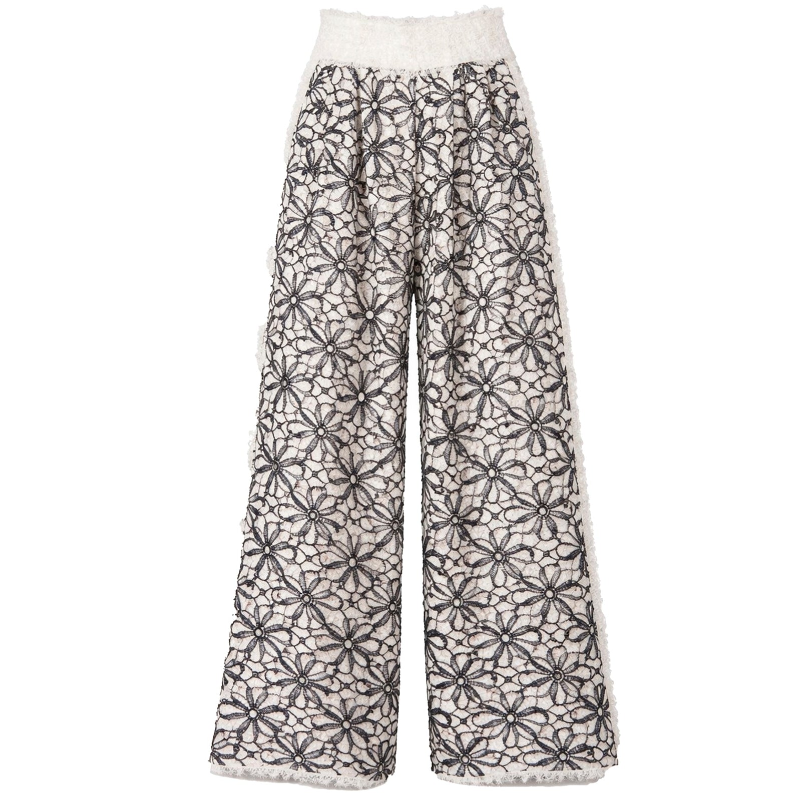 Elastic Waist Abstract Textured Wide Pants - Ivory by JULIA ALLERT feature a white base with black floral lace, an elastic waist, and abstract textured hems and waistband in solid white for a modern look.