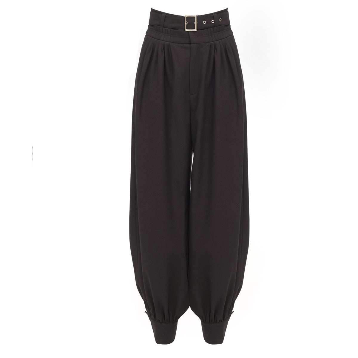 The JULIA ALLERT Belted High-Waist Balloon-Leg Pants - Black feature a loose, voluminous fit with pleats, cuffed ankles, and a sleek waist belt for added style.
