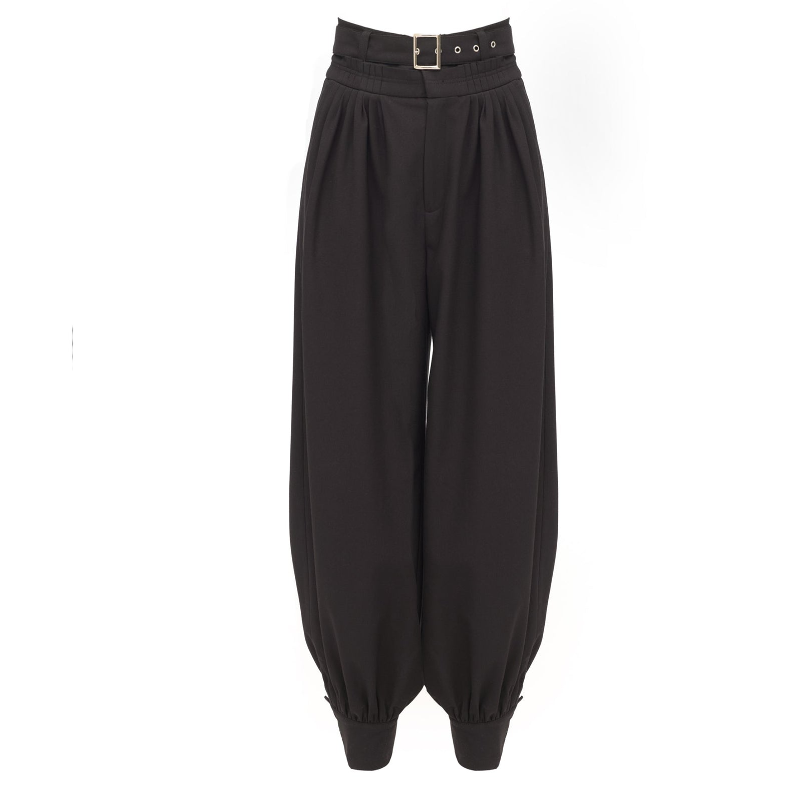 The JULIA ALLERT Belted High-Waist Balloon-Leg Pants - Black feature a loose, voluminous fit with pleats, cuffed ankles, and a sleek waist belt for added style.