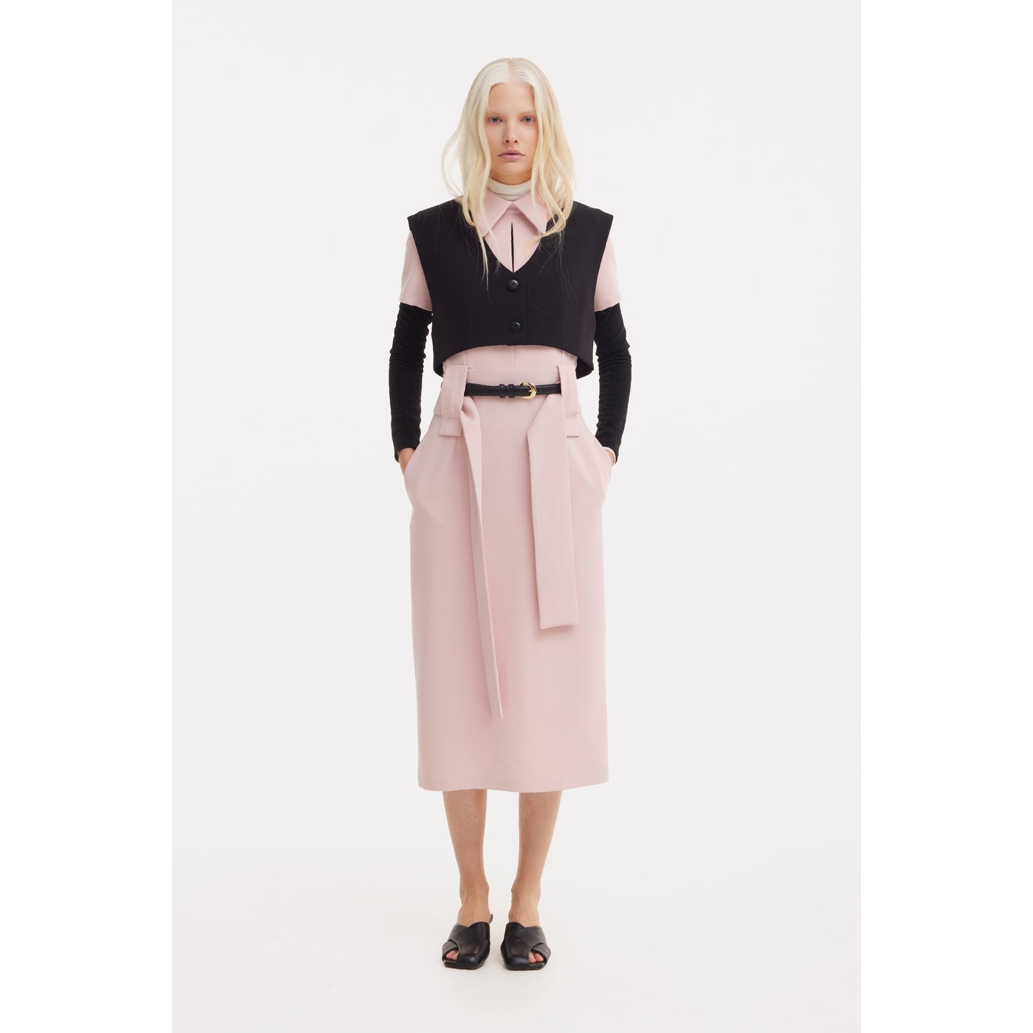 Short Sleeve Midi Dress With Belt - Blush Pink