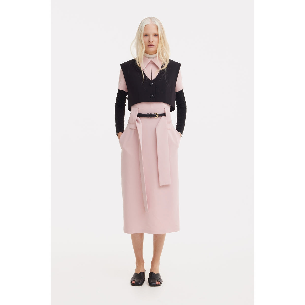 Short Sleeve Midi Dress With Belt - Blush Pink