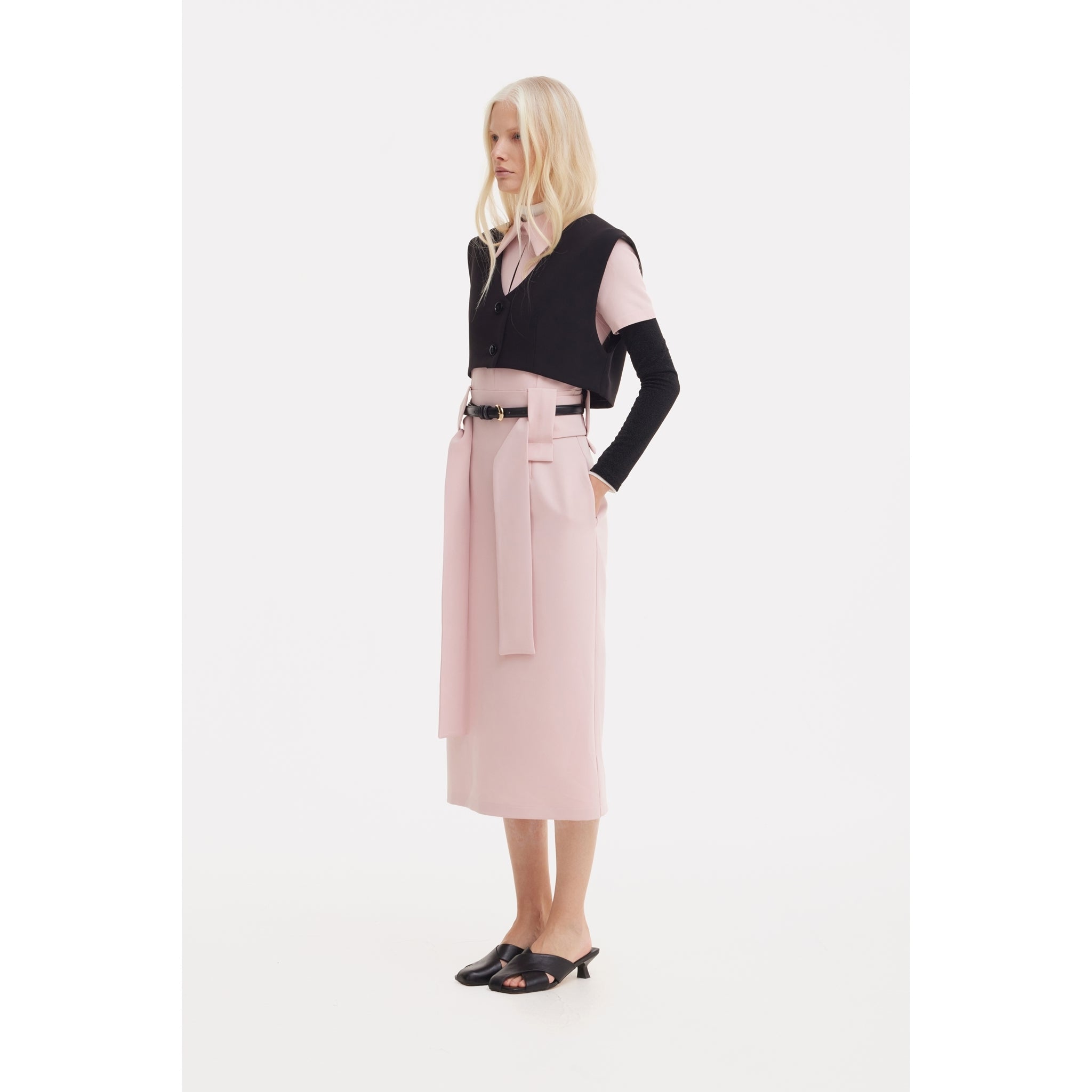 Short Sleeve Midi Dress With Belt - Blush Pink
