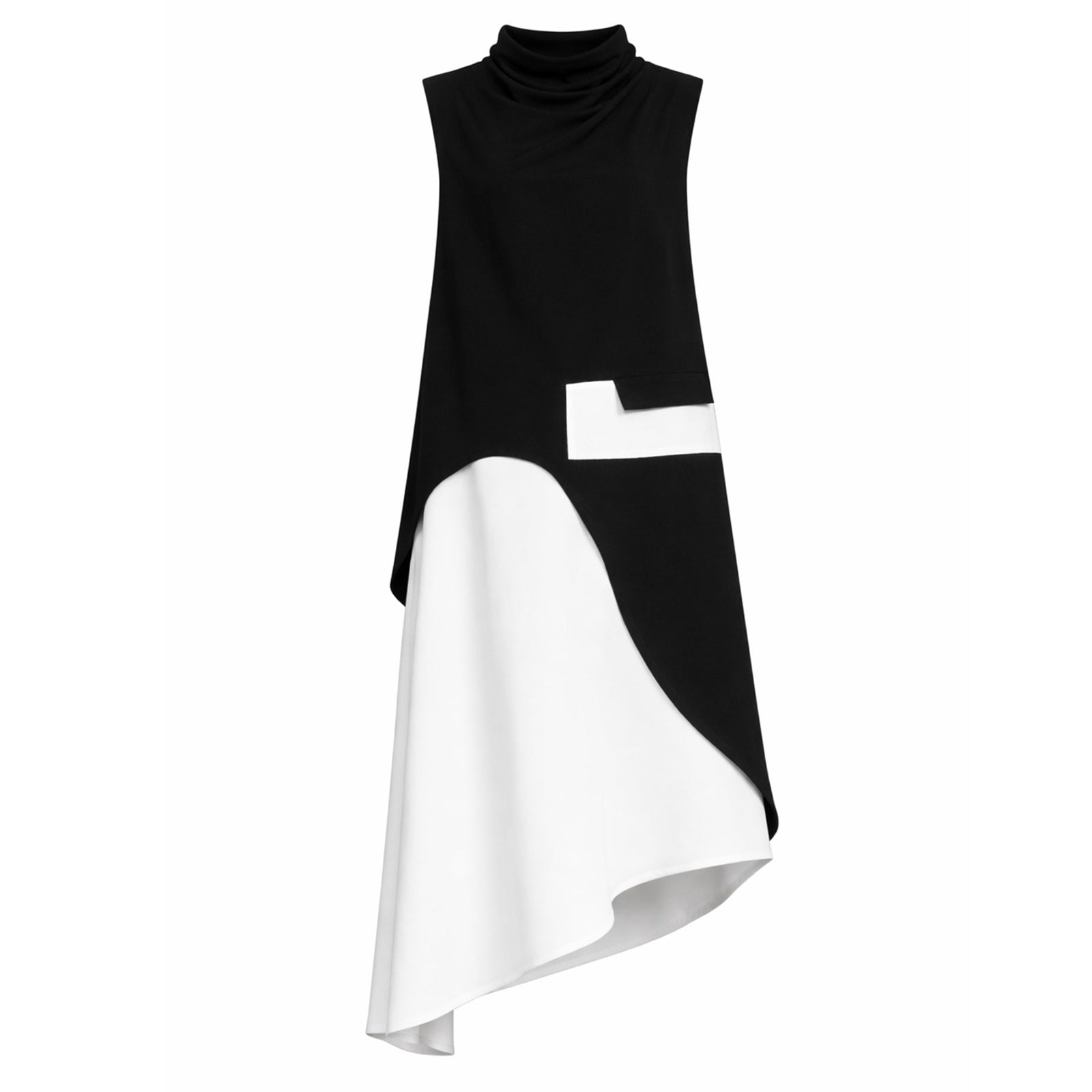 The Sleeveless Asymmetric Midi Dress – Black & White by JULIA ALLERT features a high neckline and bold geometric patterns accenting the flowing white lower section for a striking, modern look.