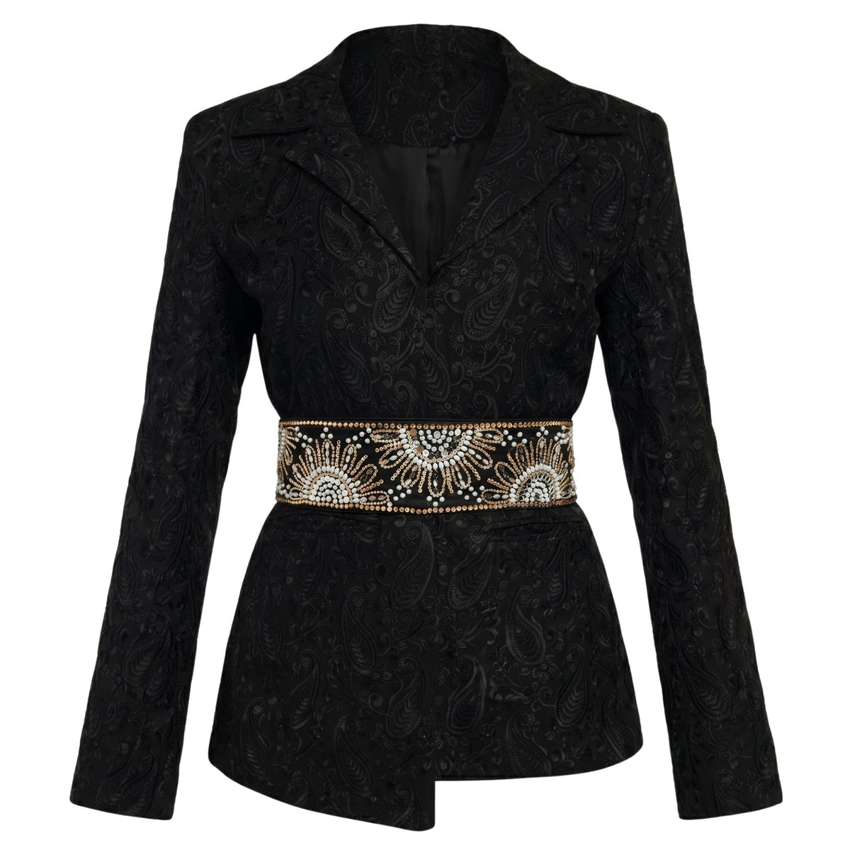 The Black Paisley Textured Blazer by INTERNATIONAL APPEAL features a chic paisley pattern and pairs with an embellished waist belt accented with beadwork and rhinestones for a look of contemporary luxury.