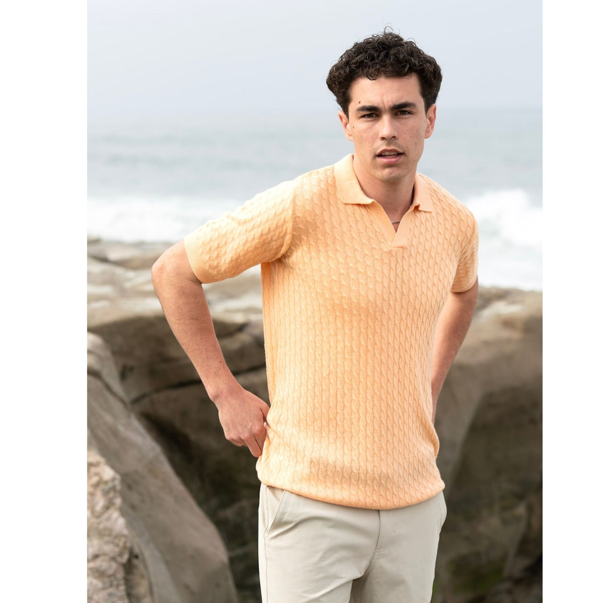 Orange Cable Knit Cashmere Feel Polo Shirt