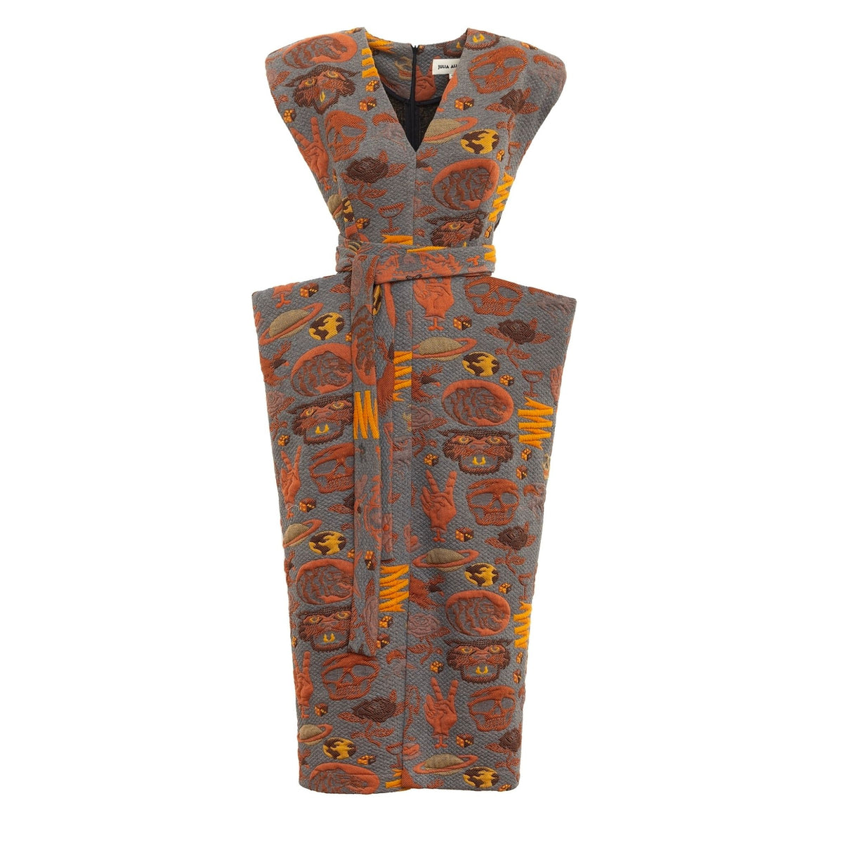 Fashion Midi Dress With Belt And Bold Shoulders Jacquard Grey