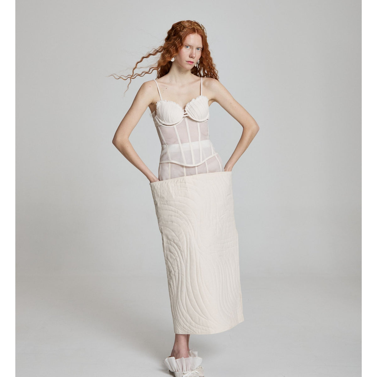 Wave Ripple Corset Skirt in Ivory