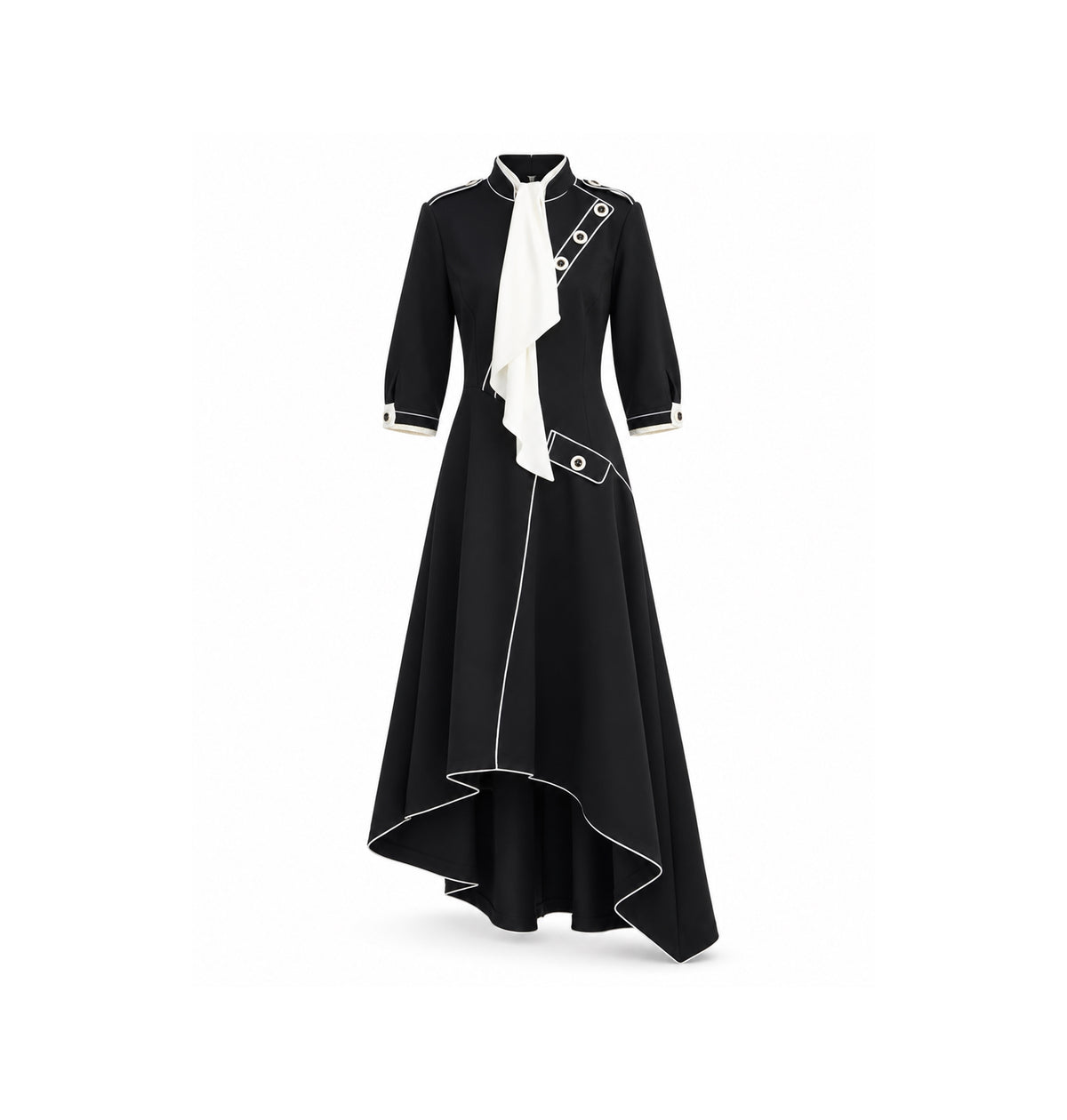 JULIA ALLERT black A-line asymmetric hem dress with white piping and front tie, women's occasion dress, buy at DOORS NYC
