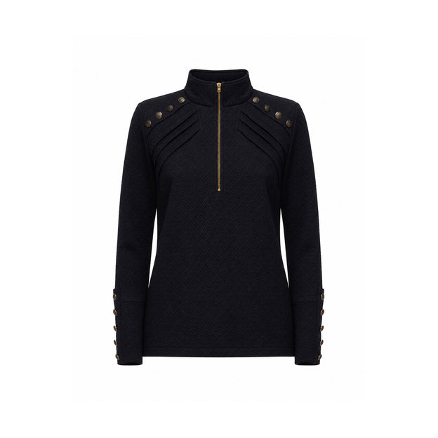 Textured Knit Long Sleeve Zip-Up Top | Black