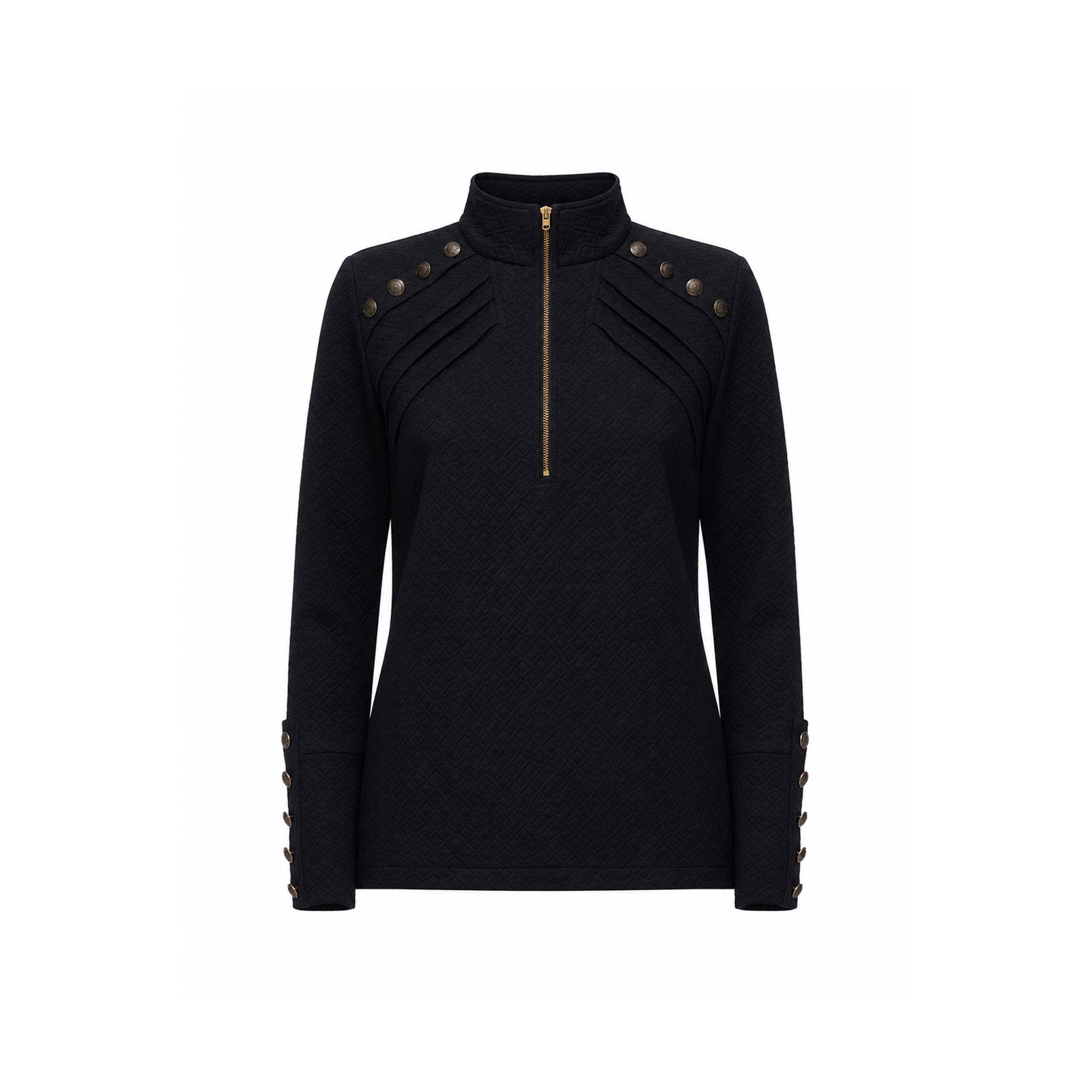 Textured Knit Long Sleeve Zip-Up Top | Black