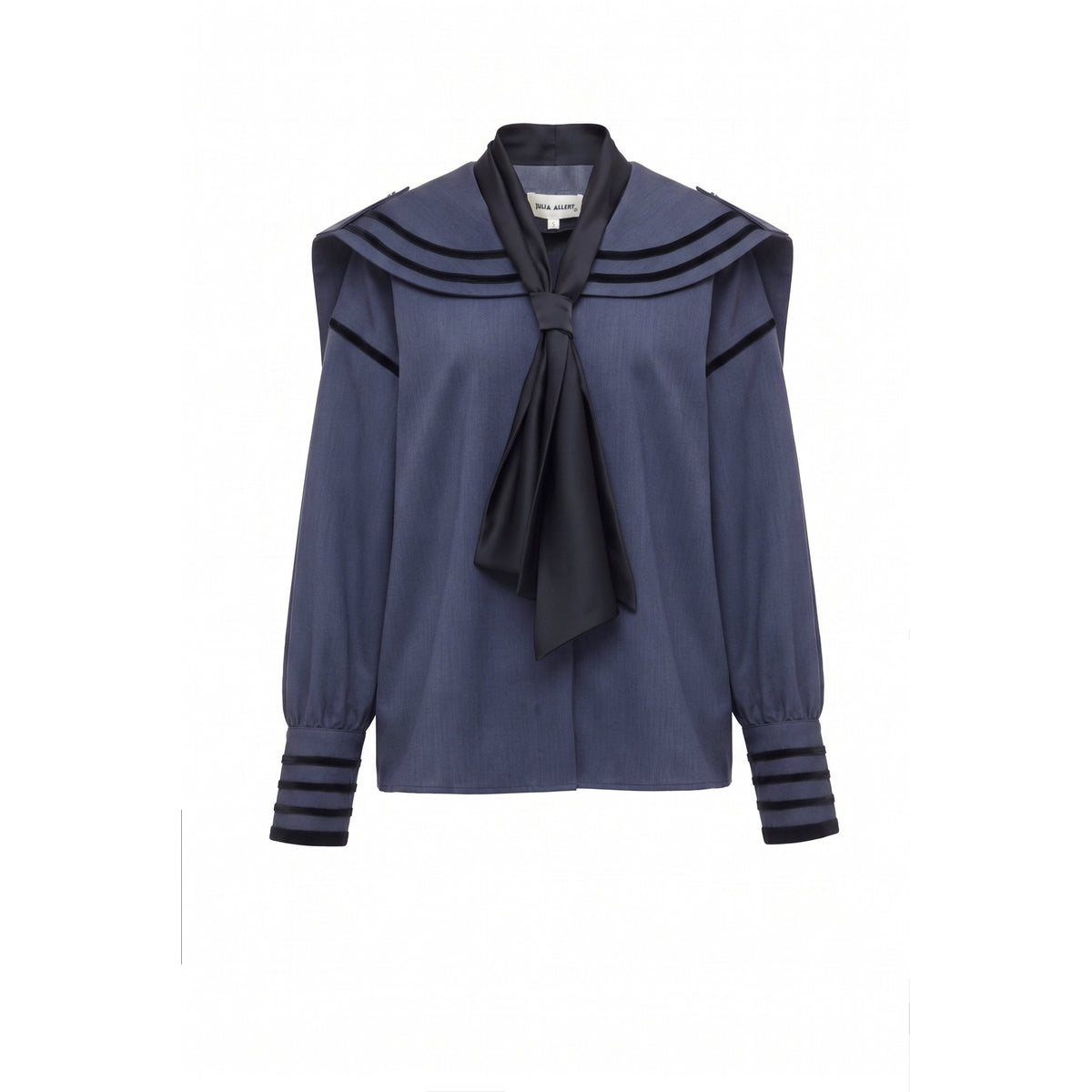 JULIA ALLERT grey-blue contrast piping sailor collar tie-front blouse, women's designer blouse, buy at DOORS NYC