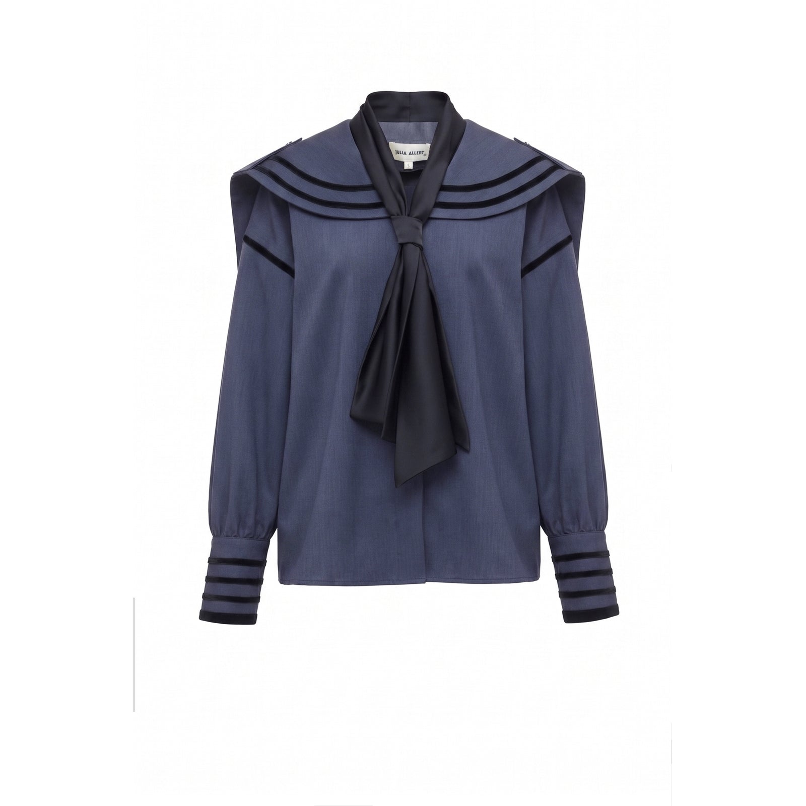 JULIA ALLERT grey-blue contrast piping sailor collar tie-front blouse, women's designer blouse, buy at DOORS NYC