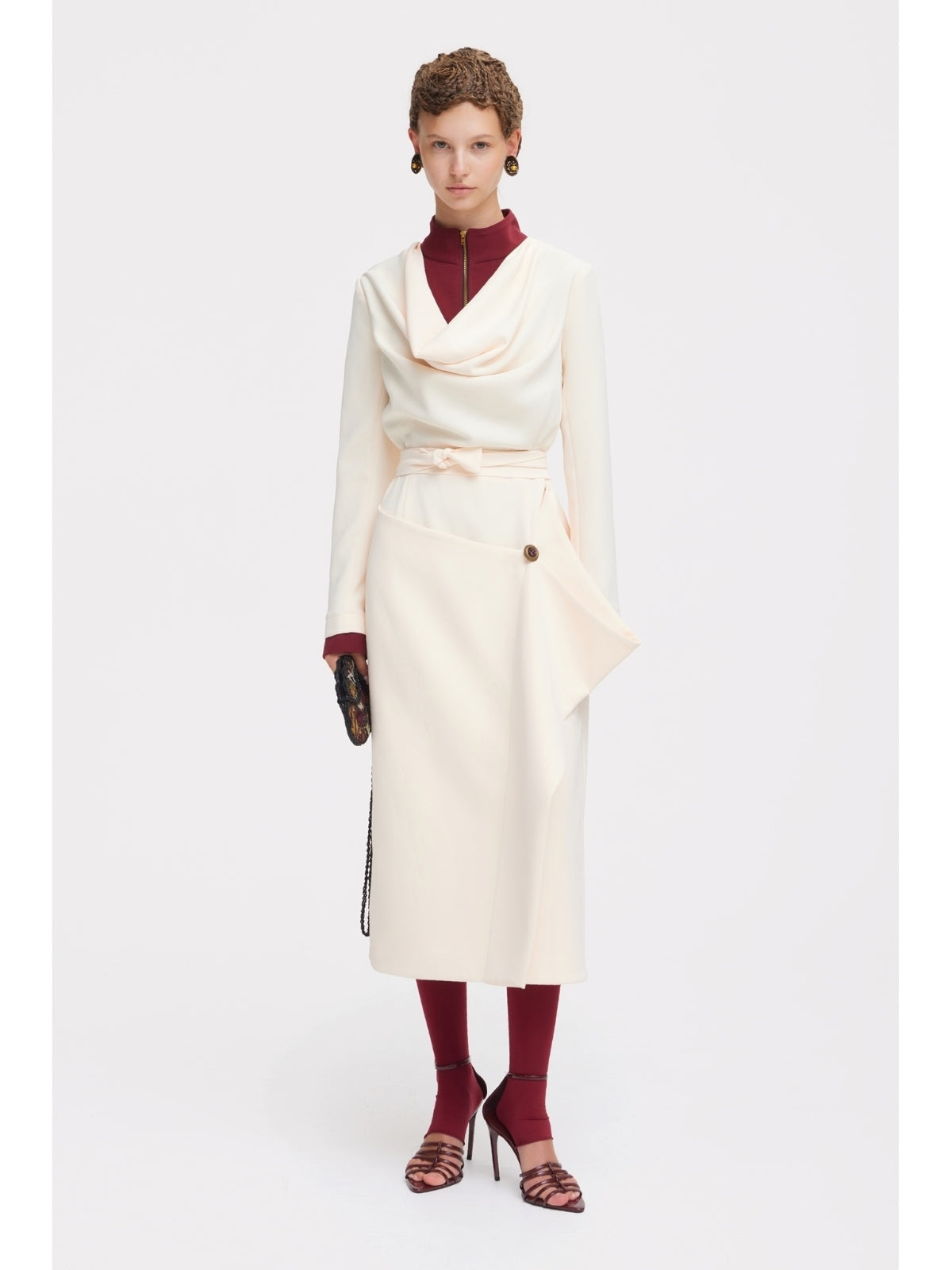 JULIA ALLERT ivory two-tone asymmetric draped high-neck midi dress worn by model, buy at DOORS NYC