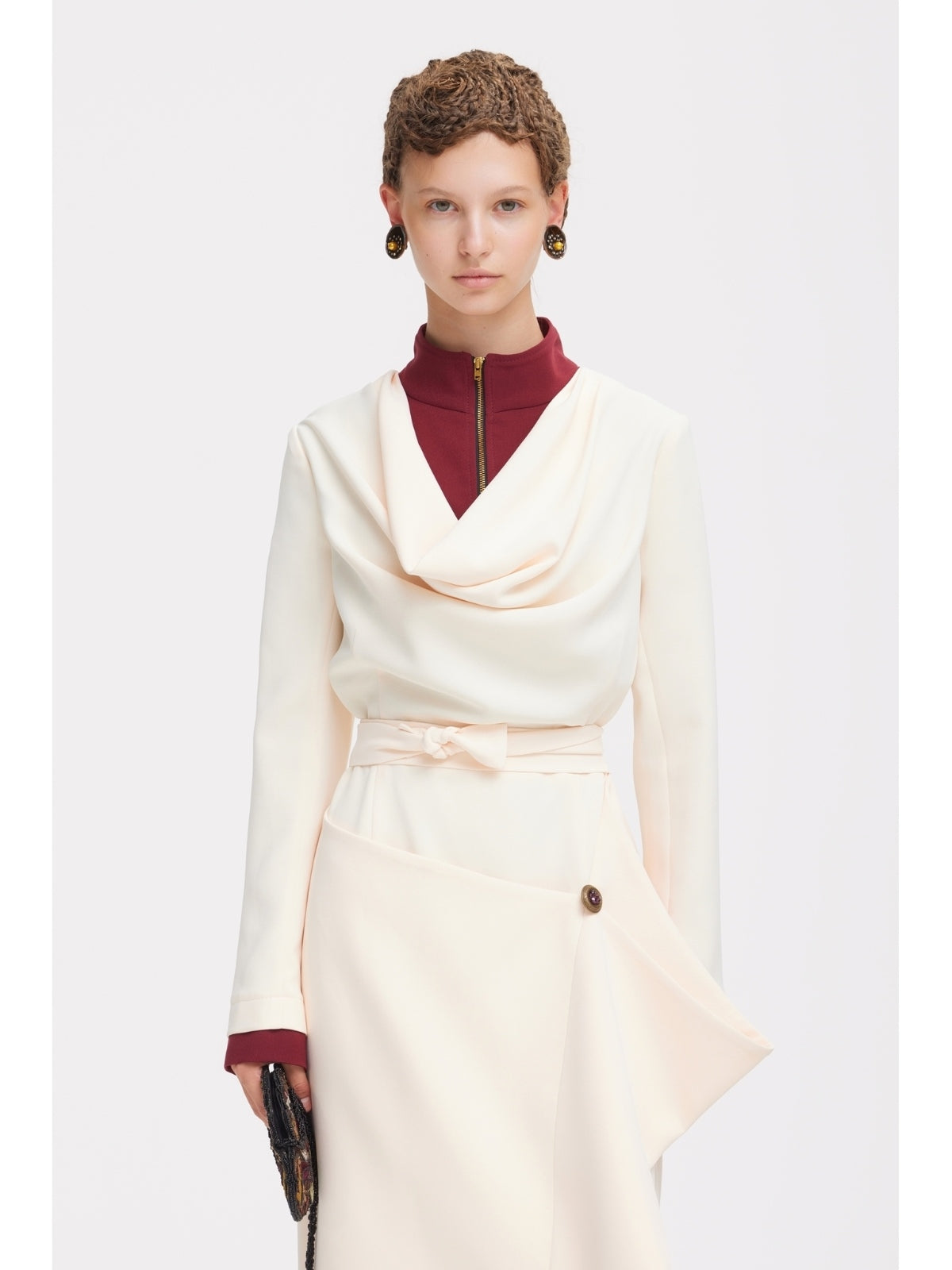JULIA ALLERT ivory draped high-neck midi dress, front view on model, buy at DOORS NYC
