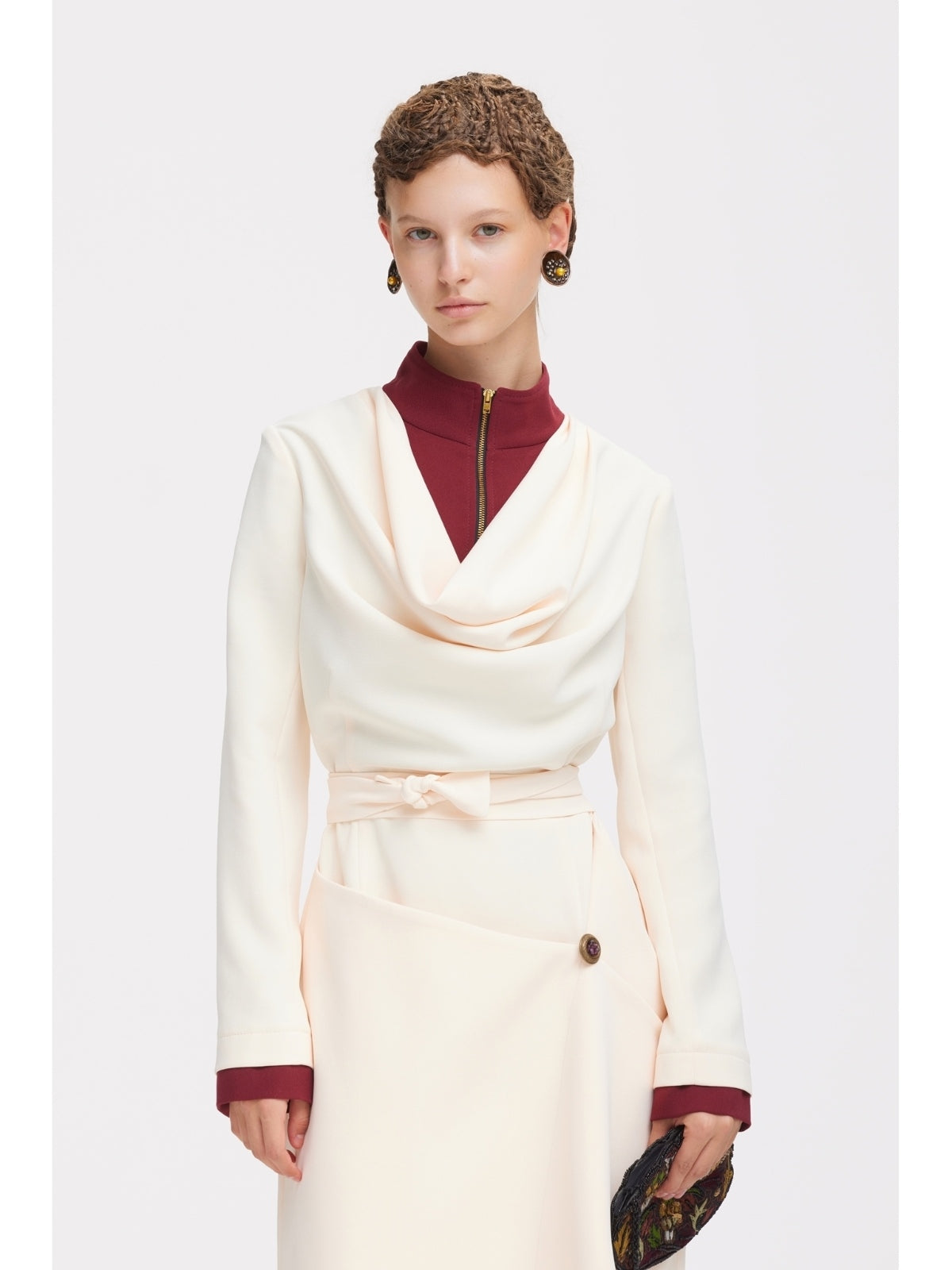 JULIA ALLERT ivory asymmetric draped midi dress, women's designer dress, buy at DOORS NYC